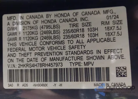 2024 Honda Cr-V Ex-L Awd from USA, damaged, VIN 2HKRS4H78RH457973